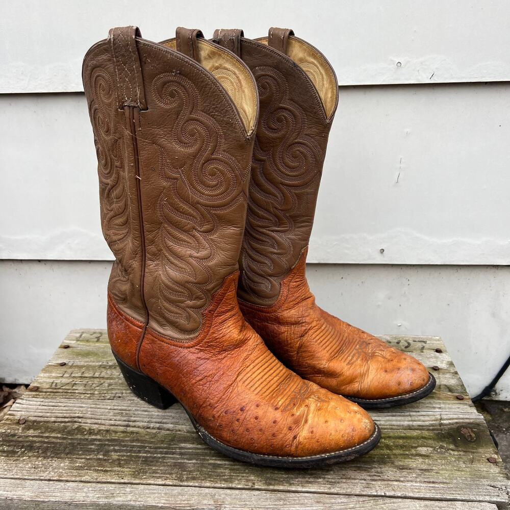 Vintage Tony Lama Black Label Ostrich Almond Toe Heeled Western Cowboy Boots 11D